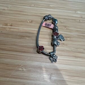 Red & Silver Charm Bracelet – Elephant, Butterfly, Pineapple & Leopard